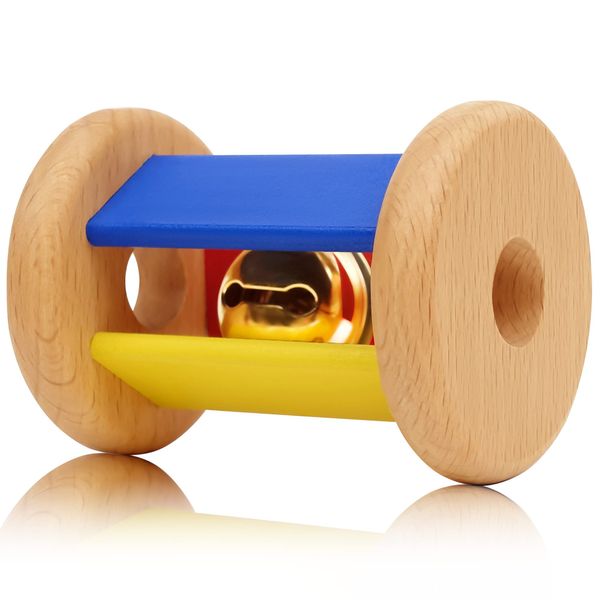 MEYOR Wooden Rolling Bell Baby Toy, Montessori Rattle Rollers for Babies 0 3 6 12 Months, Ideal Newborn Infant Rattle for Shower Gifts