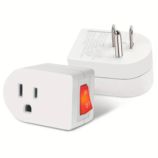 2pc 1 Port Wall Outlet 3 Prong AC Power Adapter Plug With On/off Switch