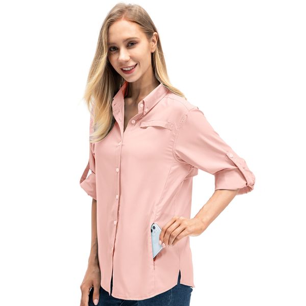 Women's Quick Dry Sun UV Protection Convertible Long Sleeve Shirts for Hiking Camping Fishing Sailing (5024 Pink XL)