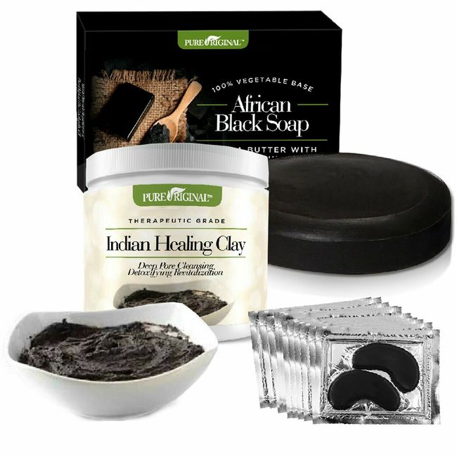 Skin Care Set Under Eye Mask, Indian Healing Clay & African Black Soap