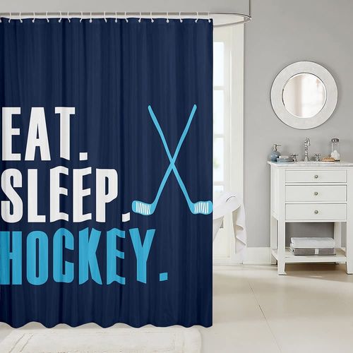 Ice Hockey Shower Curtain Set for Bathroom - Sports Event Winter Hobby Decor for Men and Women - Blue Eat Sleep Hockey Bath Curtain - 72"x72" Bathtubs Accessories