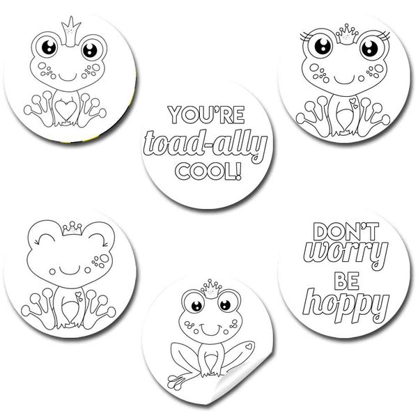 Color Your Own Toad-Ally Cool Frog Themed Birthday Party Favor Sticker Labels for Kids, 90 1.5" Party Circle Stickers by AmandaCreation, Great for Arts & Crafts, Envelope Seals, Goodie Bags & Treats