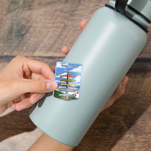 Die Cut Sticker Rhode Island, Signpost, Coast Beach with Umbrellas, Vinyl Sticker 1 to 3 inches (Waterproof Decal for Cars, Water Bottles, Laptops, Coolers), Small
