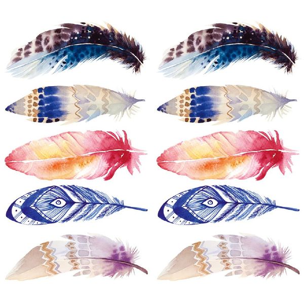 Oottati Waterproof 2 Sheets Small Cute Temporary Tattoo Stickers Colored Feather