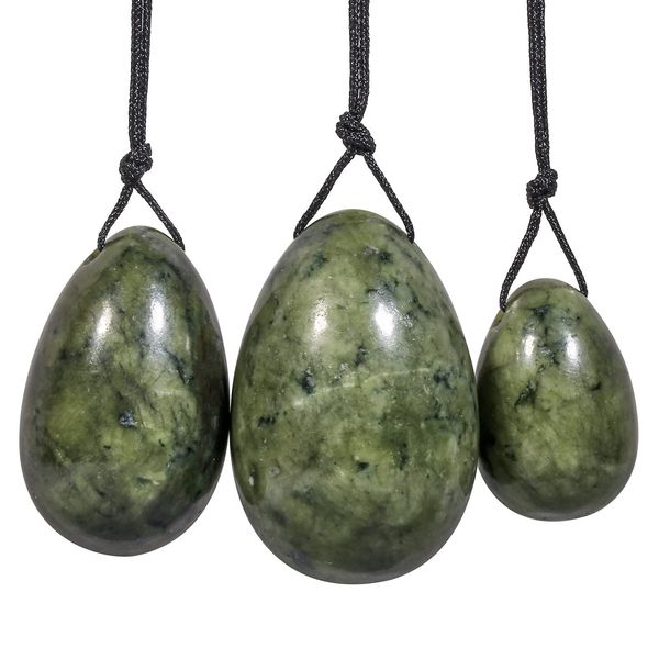 mookaitedecor Green Jade Yoni Eggs Set of 3,Drilled,with Unwaxed String,Massage Stone for Women Kegel Exercise Strengthen Pelvic Floor Muscles