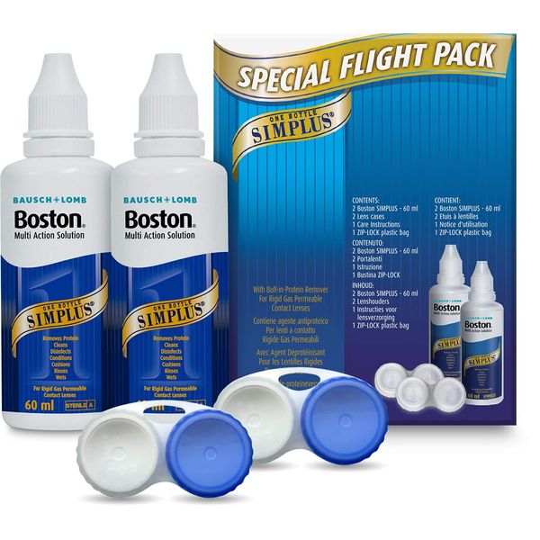 Boston Simplus Travel Contact Lens Solution, 2x 60ml Flight Pack Size, Multi-Action Solution for Rigid Gas Permeable Contact Lenses, Clean, Disinfect & Condition, 2x Lens Cases for Travel Convenience