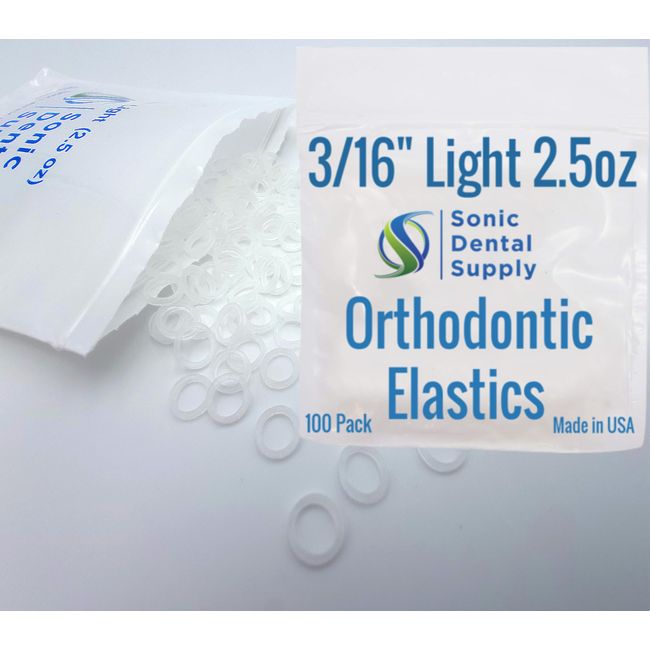 3/16 Inch Orthodontic Elastic Rubber Bands - 100 Pack - Clear Latex Free, Light 2.5 Ounce Small Rubberbands, Braces, Dreadlocks Hair Braids, Teeth Gap, Packaging, Crafts - Sonic Dental - Made in USA