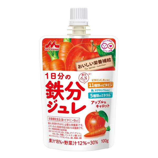 Morinaga 1 Day Worth of Iron Jelly, Apple & Carrot, 3.5 oz (100 g) x 6 Bottles (Delicious Nutrition Supplement, Jelly Beverage, Fat Free, Dietary Fiber, Lactic Acid Bacteria, Lactic Acid Bacteria,