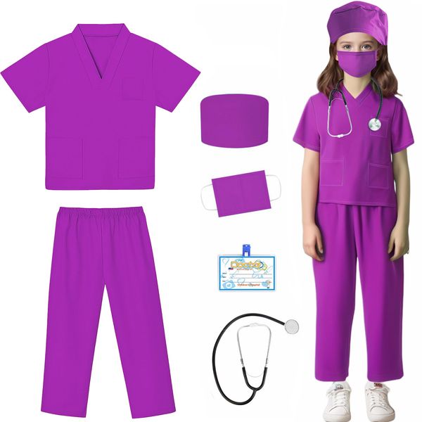 Rizuko Kids Doctor Scrub Costume,Halloween Cosplay Dress up,Nurse Scrub Set Gift for Boys and Girls 3-12Years Old 6PCS