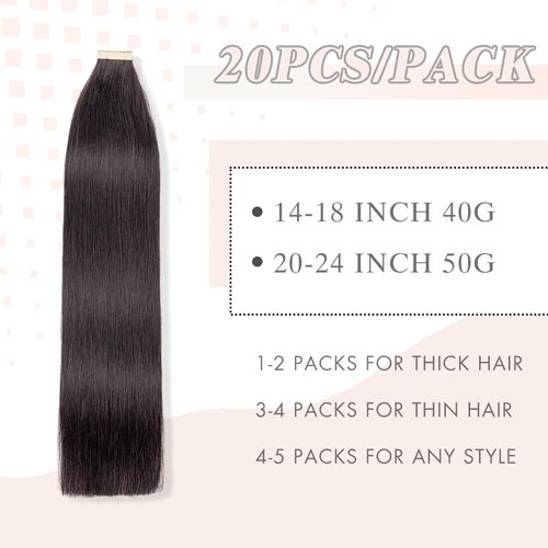 YDDM Tape-In Real Hair Extensions, 20 Pieces, 40 cm, 40 g, Natural Black Invisible Tape Extensions, Real Hair Tape Extensions, Skin Weft Hair Extensions (16 Inches, 1B)