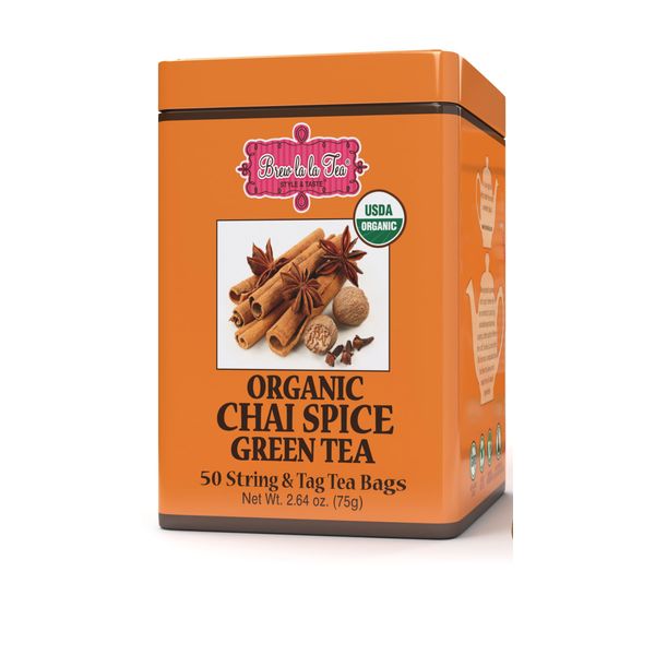 Brew La La Organic Green Tea - Chai Spice Flavor - 50 Tea Bag Tin - Low Caffeine Gourmet Tea - USDA Certified Organic