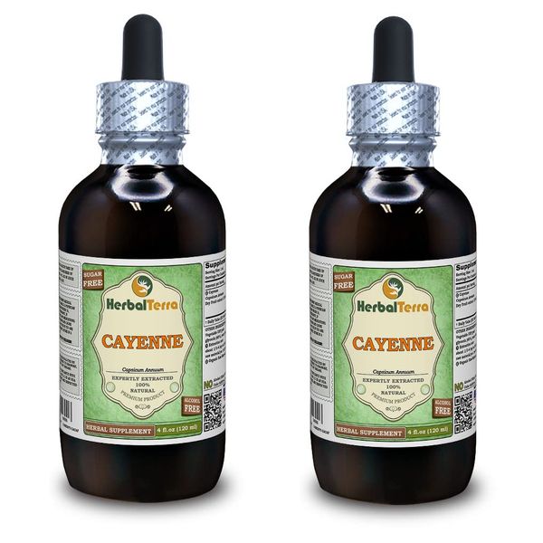 Cayenne (Capsicum Annuum) Glycerite, Organic Dried Fruits Alcohol-Free Liquid Extract (Brand Name: HerbalTerra, Proudly Made in USA) 2x4 fl.oz (2x120 ml)