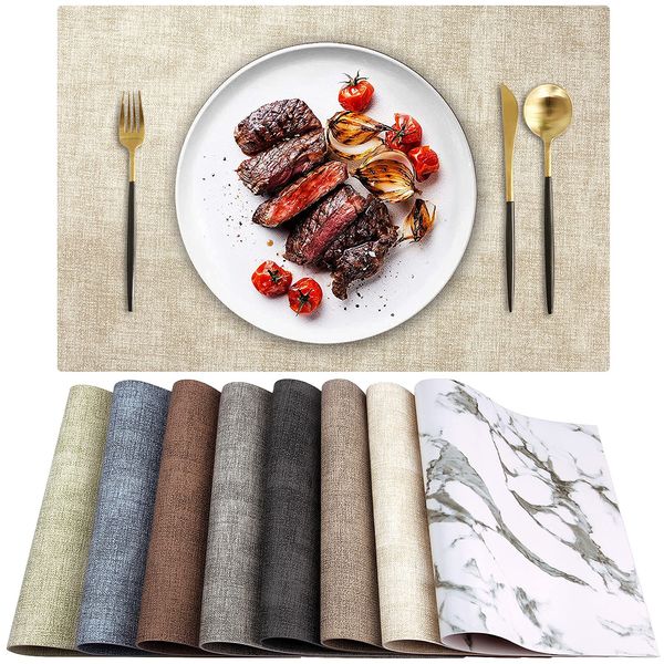 LANDVIEW Leather Heat Resistant Placemats Set of 6 Waterproof Wipeable Washable PU Table Mats,Easy to Clean Anti-Slip Place Mats (Beige, 6)