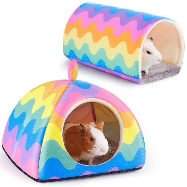 Guinea Pig Hideout, Glittme Soft Guinea Pig Bed and Tunnel, 2 Pack Washable Guinea Pig Tunnel with House Guinea Pig Accessories for Hamster, Rabbit, Bunny, Small Animal