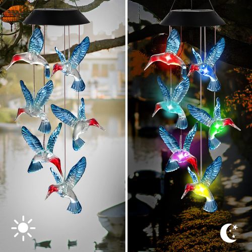 Hummingbird Solar Wind Chimes, OkayGoo Hummingbird Gift Outdoor Wind Chimes Solar Lights Color Changing Solar Night Lights Gifts for Mom Grandma Memorial Wind Chimes Christmas Decoration