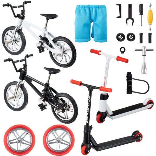 Zomiboo 18 Pieces Finger Toy Set Including Alloy Finger Bikes, Finger Scooter, Finger Pants, Replacement Wheels, Bike Lock and Mini Tools Movement Party Favors(Black, White, Blue)