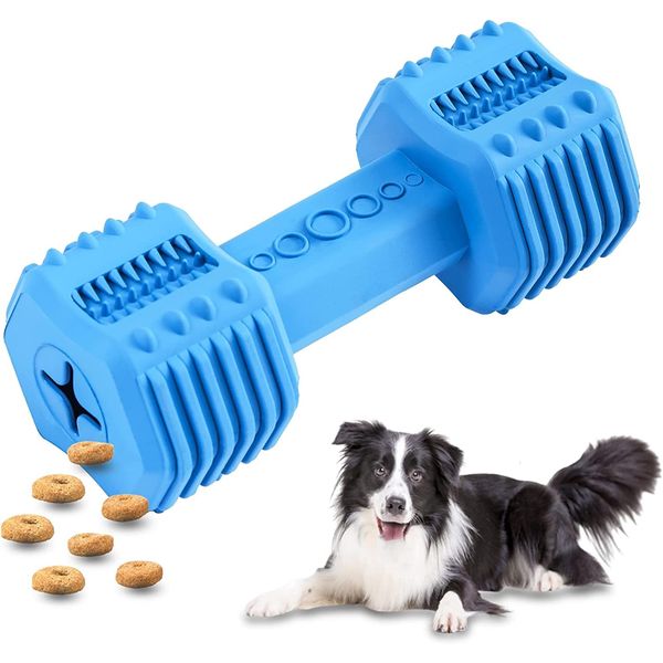 PawfectPals Indestructible Dumbbell Dog Chew Toy for Aggressive chewers, Interactive Puzzle Toy, Food Dispenser Feeder, Natural Rubber Bite Resistant for Teeth Dental Cleaning-Insert Treats (Blue)