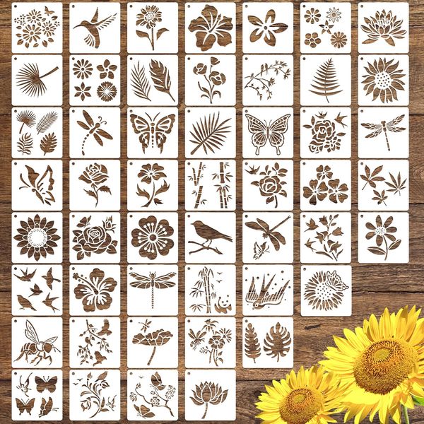 50 PCS Flower Painting Stencils Reusable Flower Stencils for Painting on Wood Rocks Canvas Fabric Glass Pottery 4x4 Inch