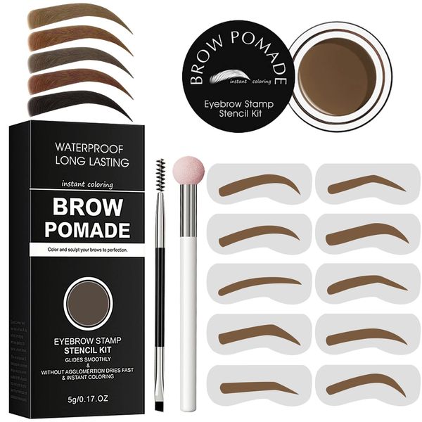 Eyebrow Stamp Stencil Kit - for Waterproof Eyebrows Makeup, Brow Stamp Trio Kit with Sponge Applicator, Dual-ended Brow Brush, 10 Eyebrow Stencils, Waterproof Eyebrow Pomade (Light Brown)