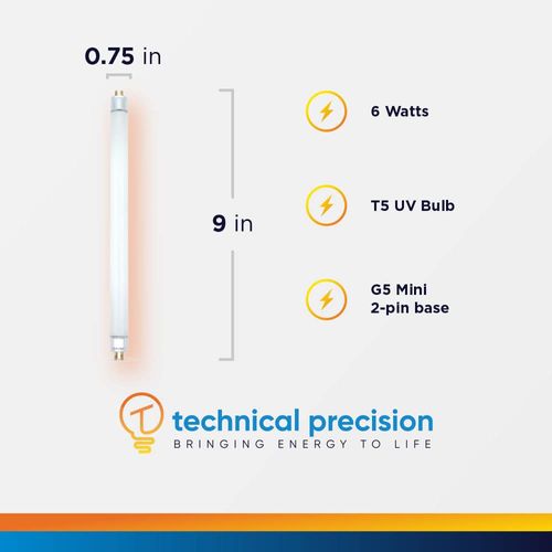 Technical Precision 9 Inch 6 Watt Fluorescent Tube Ultraviolet Replacement Bulb for Dynatrap 32050 Light Bulb G5 Mini Bi-Pin Base T5 Bug Zapper Bulbs - Dynatrap 1 Acre Replacement Bulbs - 2 Pack