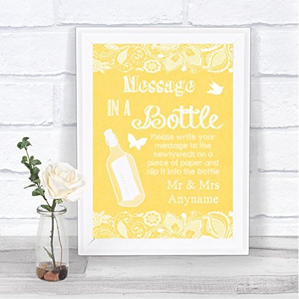 Yellow Burlap & Lace Effect Message in A Bottle Personalised Wedding Sign Print