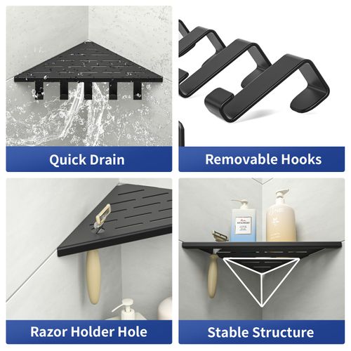 Bernkot 10‘’ Corner Shower Shelf, 304 Stainless Steel Shelves for Bathroom, Grout in Shelf with Hooks for Tiled Wall (Matte Black)