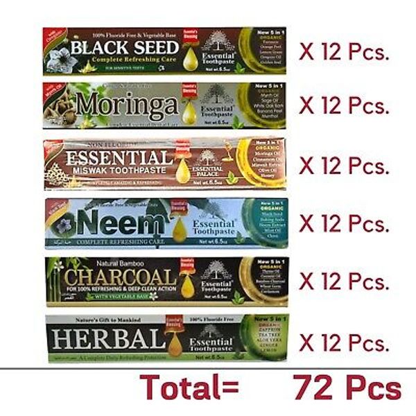 72 Pcs (6x 12 pcs) Essential Palace, Neem, Moringa, Charcoal, Herbal Toothpaste