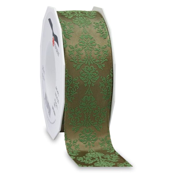 Präsent - Brixen Wired & Printed Ribbon Old Green-Silver 40 mm Width, 20 m Length