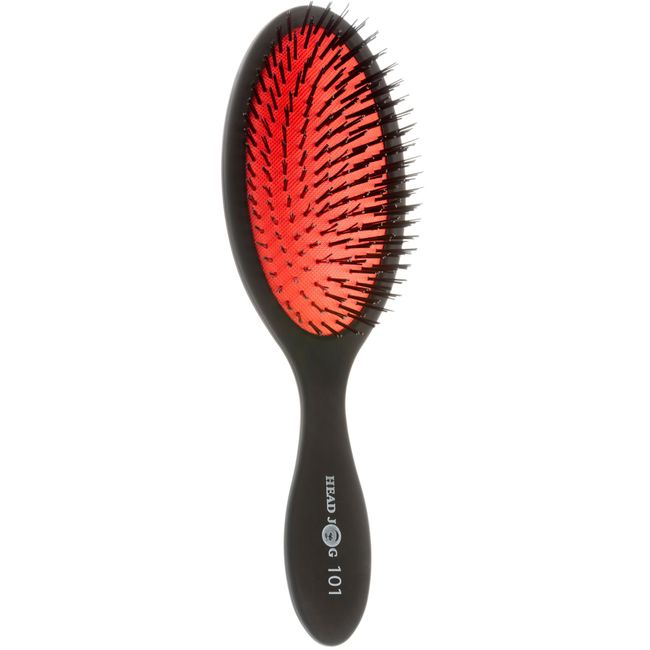 Head Jog 101 Bristle Paddle Brush. Red & Black Nylon Cushion Brush For Blow Drying, Detangling & Straightening. Ideal For Long, Thick, Wavy Hair & Extensions. Anti Static Hair Brush For All Hair.