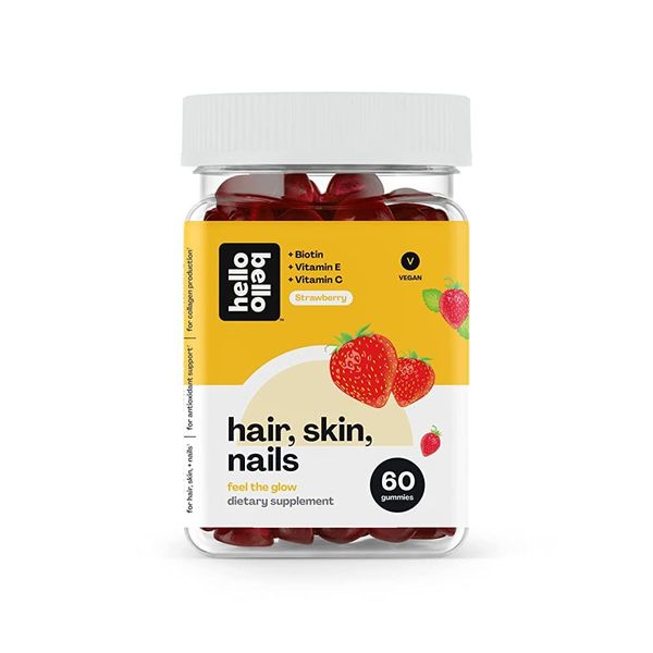 Hello Bello Hair Skin & Nails Vitamin I Vegan GMO Free Natural Strawberry Flavor Jelly Biotin with E C for Collagen Production 2500mcg 60 Packs (1 Pack)