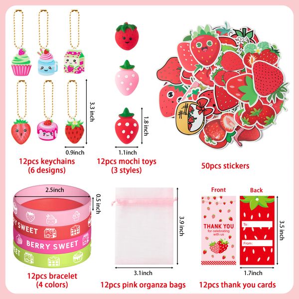 Haooryx 110PCS Strawberry Theme Party Favors Fruit Mochi Toys Berry Sweet Rubber Bracelet Acrylic Strawberry Scrapbook Stickers Keychains with Thank You Card for Girls Birthday Summer Party Goodie Bag