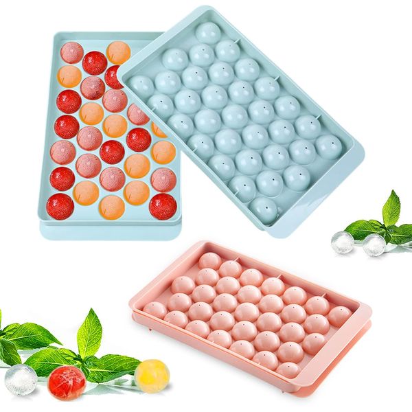 ZIOYA 2 Stück Runde Eiswürfelform mit Deckel Ice Cube Tray Eiswürfelbehälter 66 Stück Eiskugelformen für Eiskühlung Tee und Kaffee Whiskey Eisbier Cocktail Saft (Blaue und Rosa)