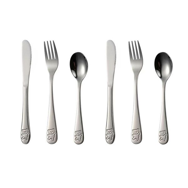 6 Pcs Children's Cutlery, Stylish Kids Cutlery Set, Little Bear Design Toddler Cutlery Set, 2 Forks, 2 Dinner Knives, 2 Dinner Spoons, Silverware Flatware for Home Primary Schools
