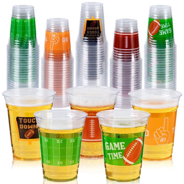 GuassLee 50 Football Party Cups 12OZ Disposable Clear Plastic Football Cups for Tailgate Football Game Sports Birthday Party Decorations Supplies Favors