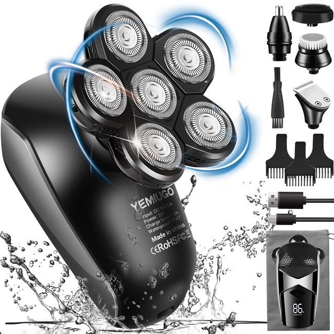 Head Shavers for Bald Men 5 in 1 Electric Rotary Shaver Grooming Kits IPX7 Waterproof Head Shaver Razor with Beard - Hair - Nose Trimmer - Facial Clean - Massage Brush