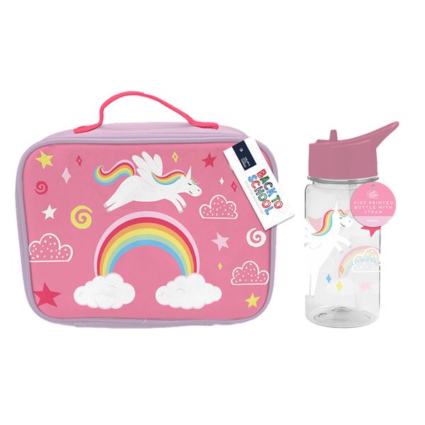 2Pc Unicorn Printed 400ml Water Bottle & Lunch Bag Zip Handle Girls Kids School