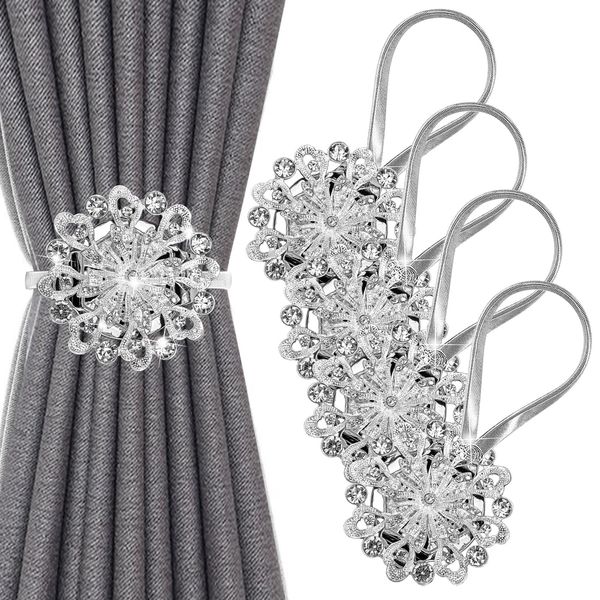 IAGORYUE Curtain Tie Back 4 Pcs Crystal Magnetic TieBacks for Curtains Hold Holdback Clips with Metal Spring Rope Home Office Hotel Window Treatment Drape Deco No-Install/Drill/Hooks - Silver + 4 Pack