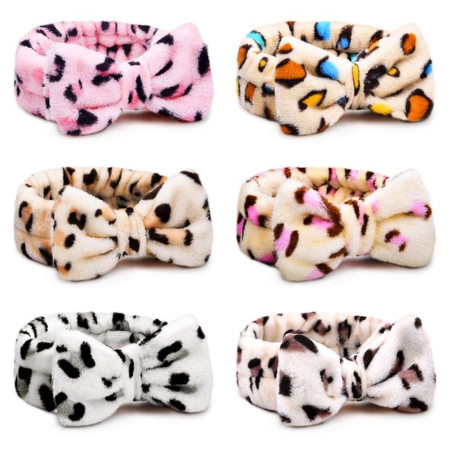 Jutom 6 Pieces Microfiber Bowtie Headbands Bowknot Elastic Hair Band Adjustable Leopard Women Spa Yoga Sports Shower Facial Head Band Head Wrap for Women Girls