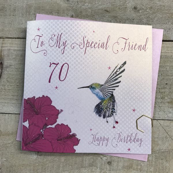 WHITE COTTON CARDS Hummingbird, To My Special Friend 70 Happy Handmade 70th Birthday Card, White, wb201-70,16cm x 16cm