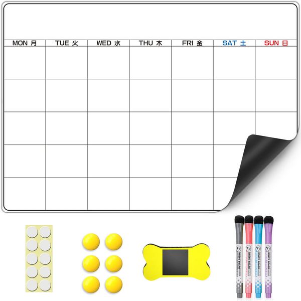 Monoc Dry Erase Calendar Magnetic Sheet Refrigerator Erasable Bulletin Board Schedule Board Memo A3 Size (Monthly Calendar)