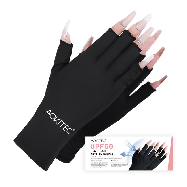 Aokitec UV Gloves for Nails - UPF50+ UV Protection Gloves for Gel Manicures, Anti-UV Gloves for Gel Nail Lamp Fingerless UV Gloves for Nail Art Skin Care Protect Hands from UV Harm (Black)