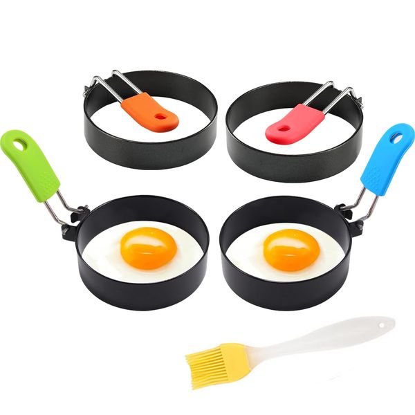 4Pack Egg Rings for Frying, Non Stick Fried Egg Ring Stainless Steel Poached Egg Moulds with Anti-Scald Folding Handle and Oil Brush for Household Kitchen Cooking Egg Frying Mini Burger