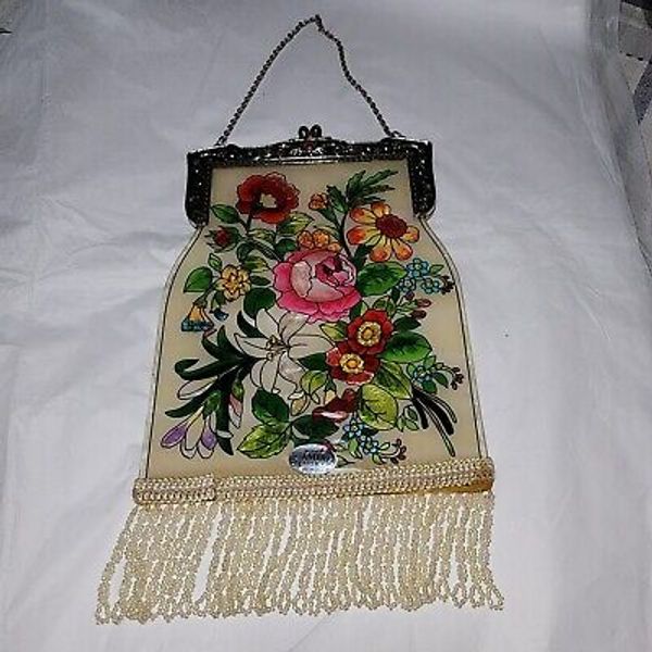 Amia Hand Painted Purse Glass Suncatcher Floral Home Decorative Beaded Fringe