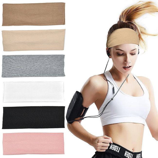 DTYGUIXE 6 Stück Stirnbänder Damen Headband Elastische Breite Haarband Sport Kopfband Dünn Haarbänder für Yoga, Laufen, Joggen, Radfahren (Khaki, leuchtendes Rosa, Beige, Hellgrau, Weiß, Schwarz)