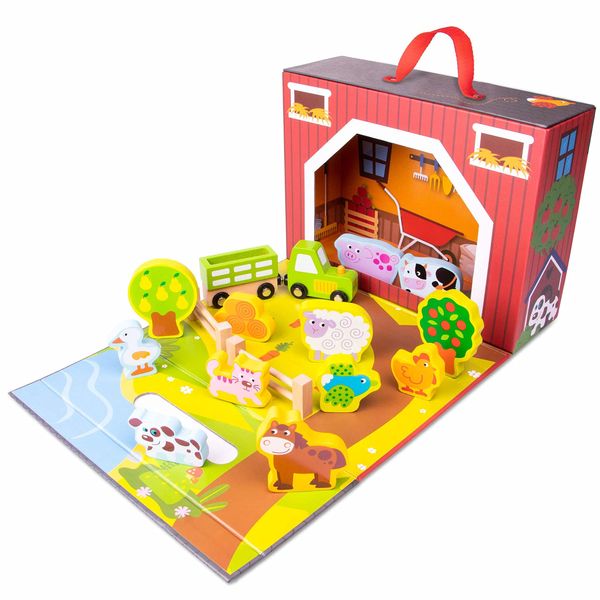 Take-Along Barnyard Toy - Foldable Barn Box with Farm Animals for Kids - Wooden Fences, Crops, Hay, Horse, Cow, Sheep, Pig, Rooster, Duck, Bird, Cat, and Dog, Tractor, Cart, and Carrying Case