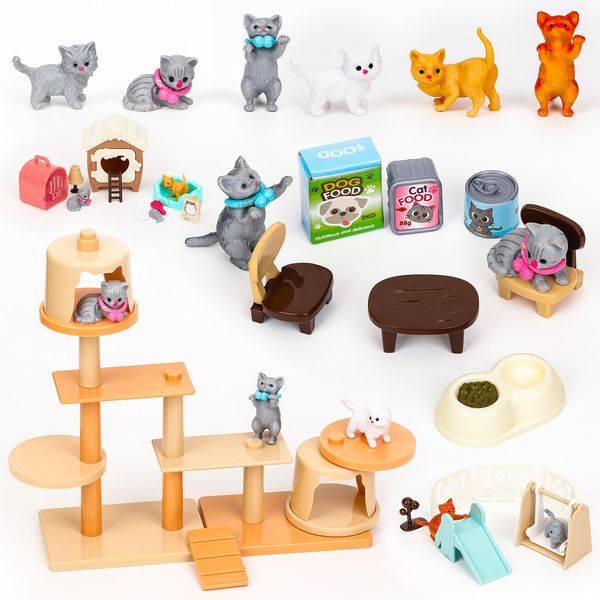 SweetAce 43Pcs Cat Toys for Kids Pretend Play Cat Figures Playset Toddler Toy Interactive Kitten Role Play Set Realistic Cats Care Center for Girls Boys Age 3 4 5 6+ Birthday Gift