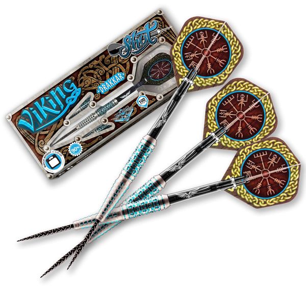 Shot Darts Steel Tip Viking Drakkar (25g)- 90% Tungsten Barrels, Rear Balanced with Secure Grip Handcrafted Professional Dart Set and Flights- Made in New Zealand