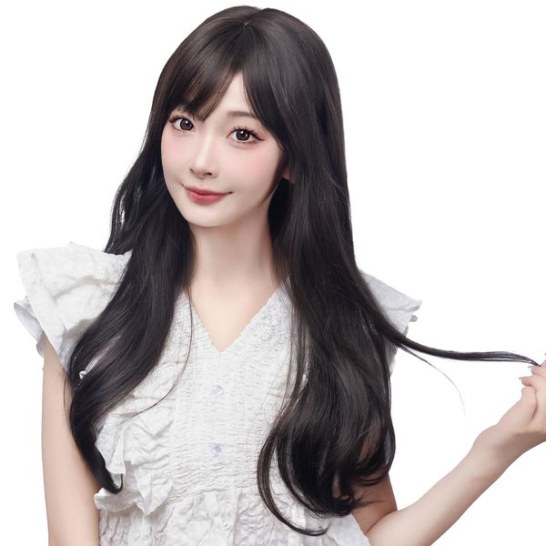 G-LUCKY DOMI Wig Set, Long Wave, Natural Black, Black Hair, Smooth Face, Small, Natural, Medical Quality, Crossdressing, Wig, Curl, Perm, Lolita, Cosplay, Daily, Heat Resistant, With Net, Brush