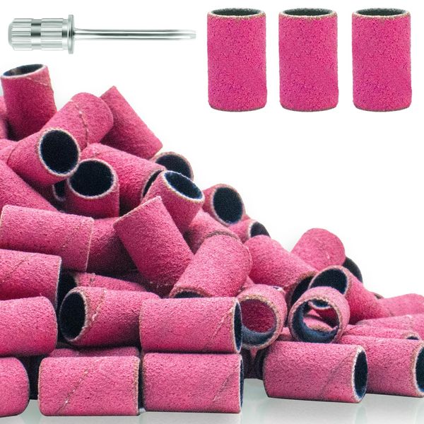 180Grit Nail Sanding Bands for Nail Drill, Pink Sanding Band for Nail Drill Fine Sanding Bands for Nail Drill with 3/32” Nail Sanding Bit for Natural Nail, 100Pcs Sand Band Set for Manicure & Pedicure