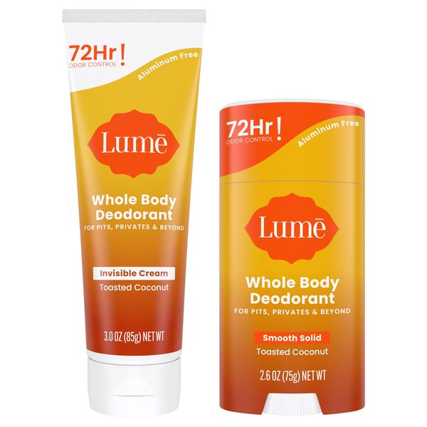 Lume Whole Body Deodorant - Invisible Cream Tube and Solid Stick - 72 Hour Odor Control - Aluminum Free, Baking Soda Free, Skin Safe - 3.0 Ounce 2.6 Ounce Bundle (Toasted Coconut)